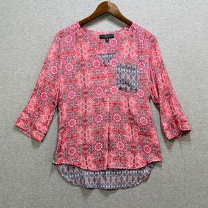 Fred David Blouse Womens PS Pink Mixed Print 3/4 Sleeve Split Neck Top Boho